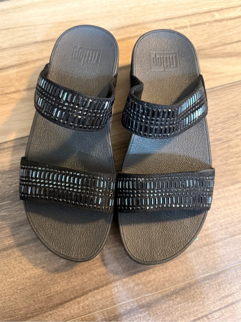 FitFlop LuLu Black Crystal Embellished Wobbleboard Slide Sandals Womens US 6